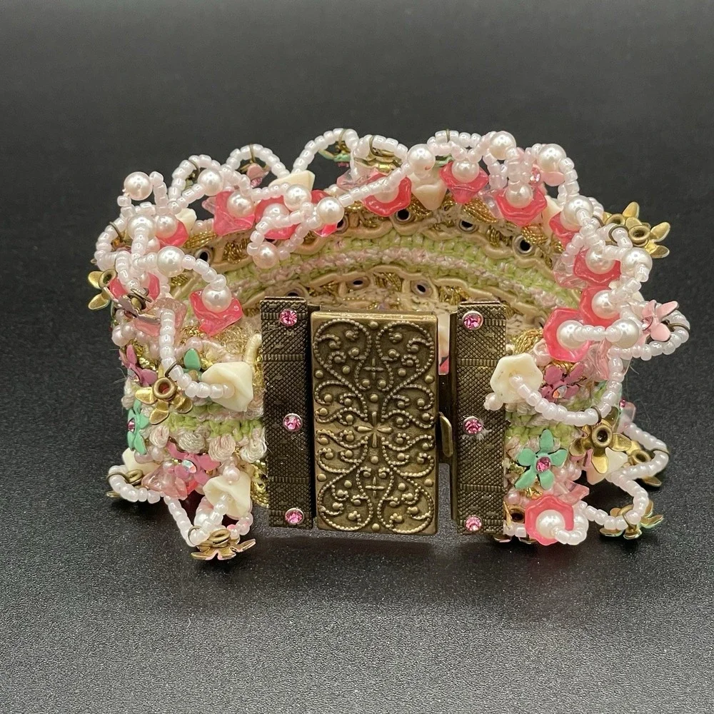 Vintage Israel Victorian Revival Cuff Beaded Floral Bracelet Unsigned 7.5